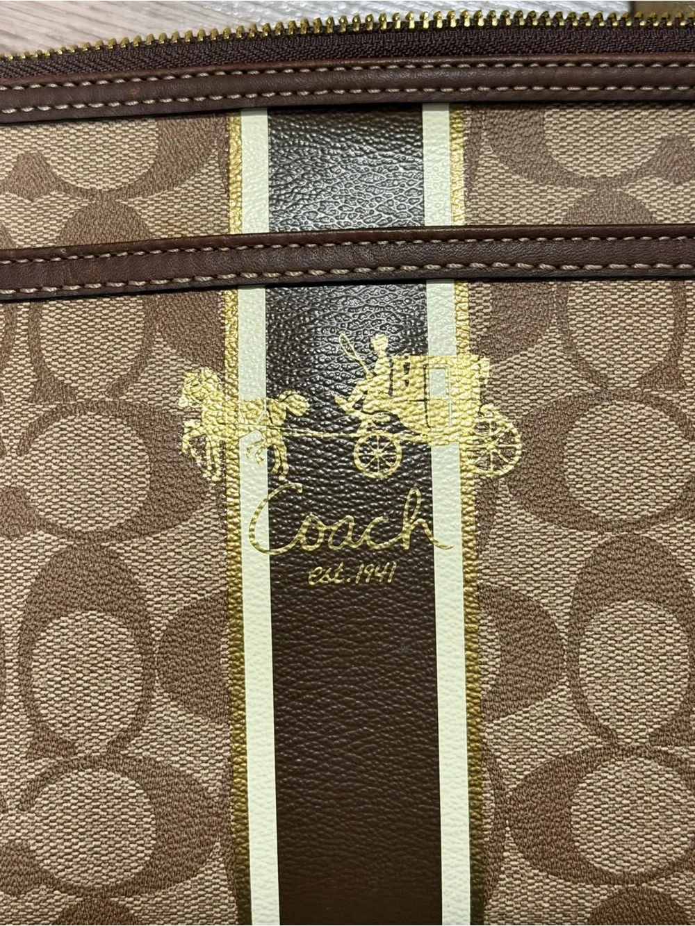 Coach Brown Signature Stripe Crossbody with Gold Accents